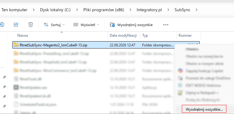 Rozpakowywanie paczki brokera Magento – opcja Wyodrębnij wszystkie