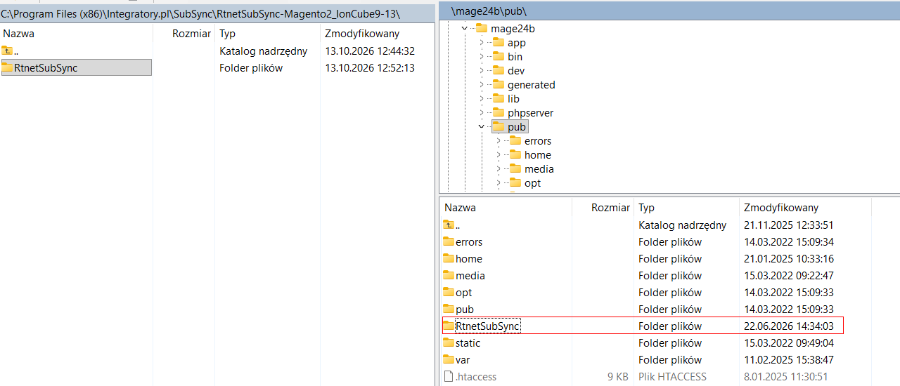 WinSCP – folder RtnetSubSync wgrany do katalogu pub sklepu Magento
