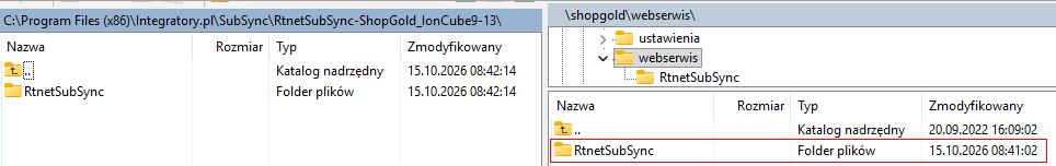 WinSCP – folder RtnetSubSync wgrany do katalogu webserwis sklepu ShopGold