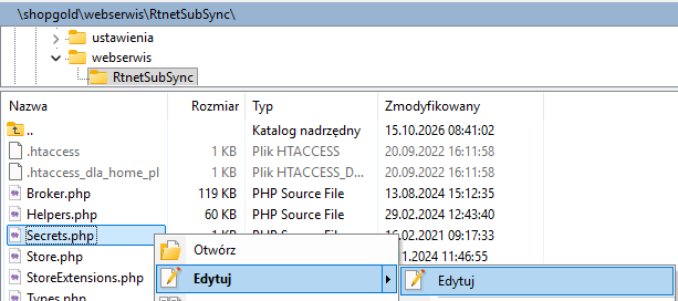WinSCP – otwieranie pliku Secrets.php do edycji