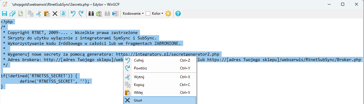 Plik Secrets.php – domyślna zawartość zaznaczona do usunięcia