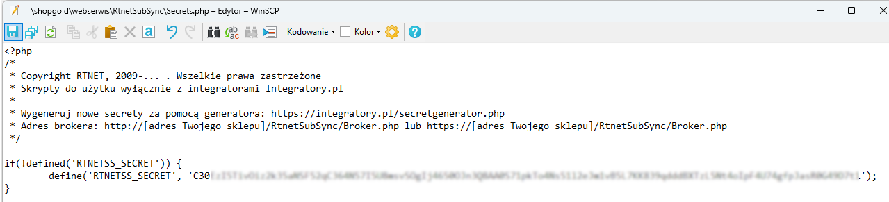 Plik Secrets.php po wklejeniu zawartości z generatora