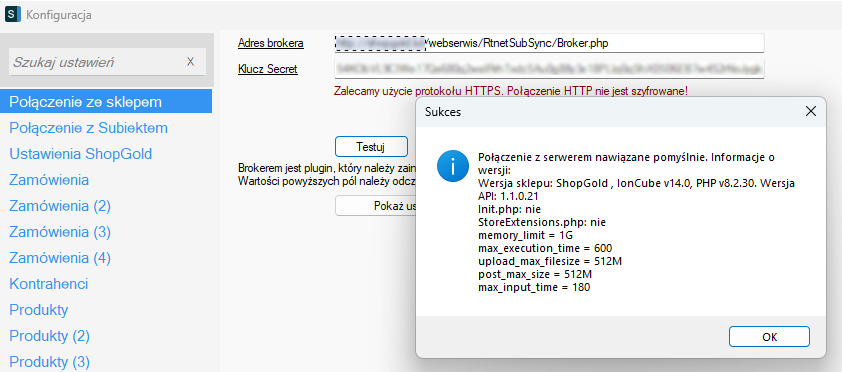 Wynik testu połączenia – komunikat Sukces