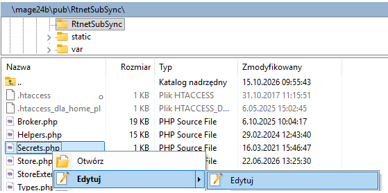 WinSCP – otwieranie pliku Secrets.php do edycji