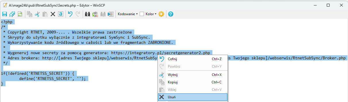 Plik Secrets.php – domyślna zawartość zaznaczona do usunięcia
