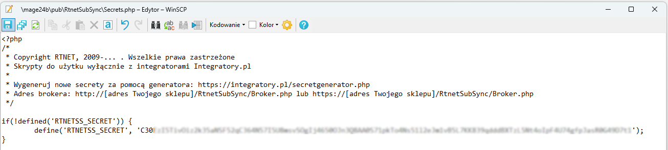 Plik Secrets.php po wklejeniu zawartości z generatora