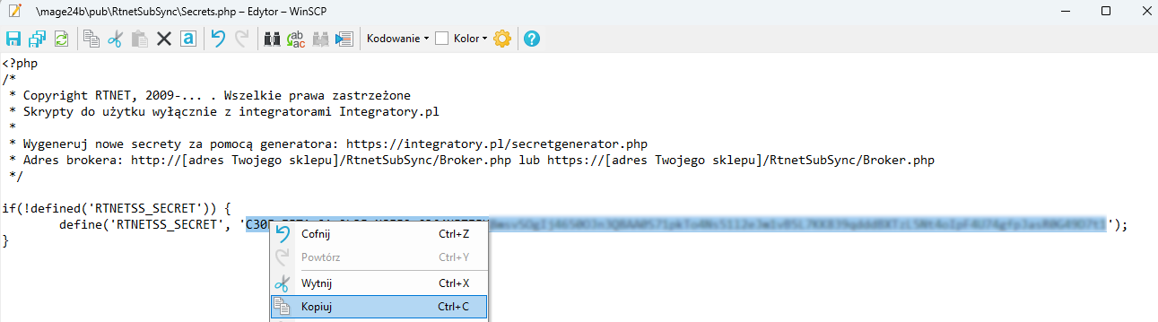 Kopiowanie wartości klucza RTNETSS_SECRET z pliku Secrets.php