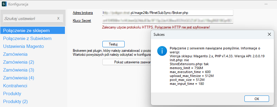 Wynik testu połączenia – komunikat Sukces