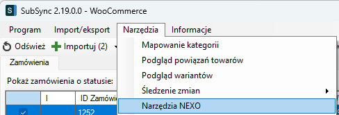 SubSync – menu Narzędzia > Narzędzia NEXO