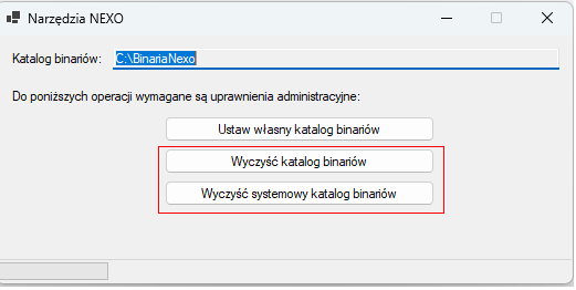 Narzędzia NEXO – opcje czyszczenia katalogu binariów